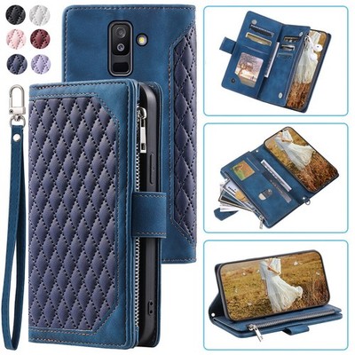Luxury Rhombic Wallet Case,Leather Zipper Flip Card Case For Samsung A6+(Plus)
