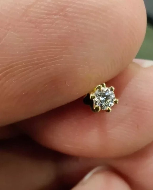 Natural Diamond 3MM Round Nose Pin For Summer Gift 14k Solid Yellow Gold #479