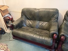 Dark Green 2 Seater Leather Sofa With Mahogany Wooden Frame