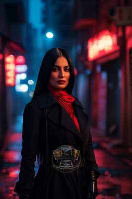 Beautiful Egyptian Femme Fatale Sleek Black Trench Coat 4X6 Fantasy Photo