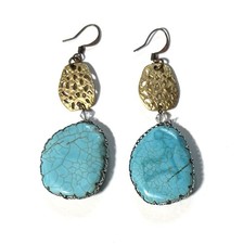 Turquoise Gold Tone Pierced Earrings Dangle Drop Statement Western Boho