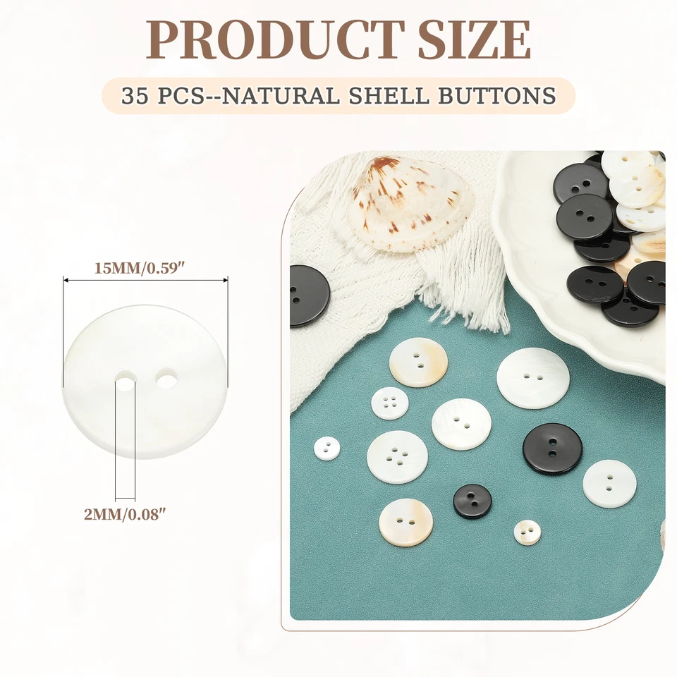 Botón de nácar redondo de 15 mm 35 piezas, 2 agujeros, blanco Foto 2 de 4