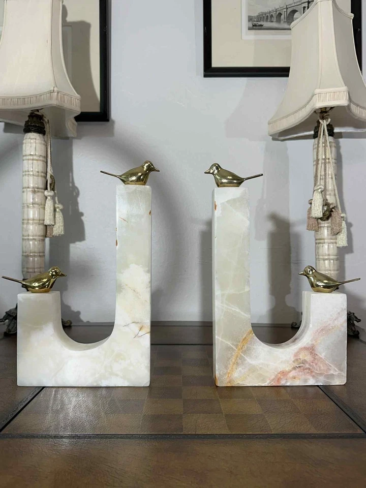 Sujetalibros de mármol blanco con pájaros de latón - Juego de 2 Foto 4 de 4