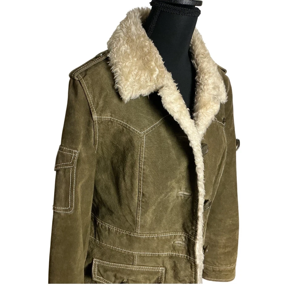 Chaqueta de gamuza de piel de oveja JLO by Jennifer Lopez para mujer talla 6 abrigo de piel sintética oliva Foto 2 de 4