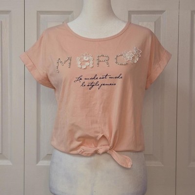 Japanese Coquette Peach Pink Beaded Lace Letter T Shirt 2010 Casual Front Tie XS
