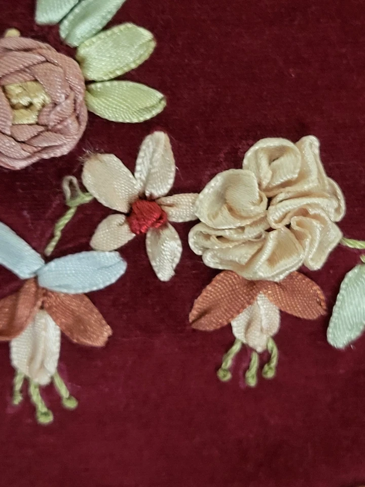 Velvet Pillow  Vtg No Tassels Embroidered Floral Wreath Burgundy Duck Feather - Image 4 of 4