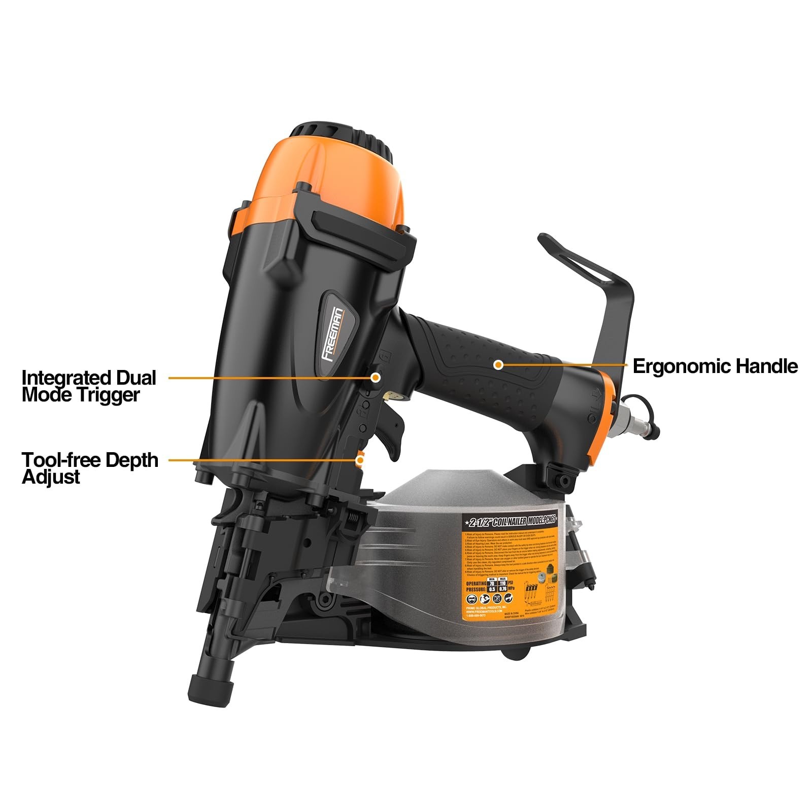 Freeman Pneumatic 15 Degree 2-1/2" Coil Siding Nailer with Adjustable Metal B...