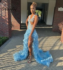 Glamorous Blue Prom Dress High Slit Mermaid Black Evening Gowns Ruffles Crystal