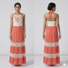 Flying Tomato Halter Boho Floral Maxi Sundress Sz L Embroidered Lace Whimsical