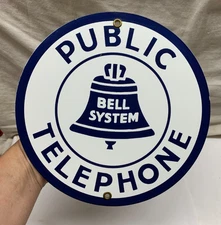 Vintage Bell System Public Telephone Round Porcelain Blue & White Sign 8 7/8"