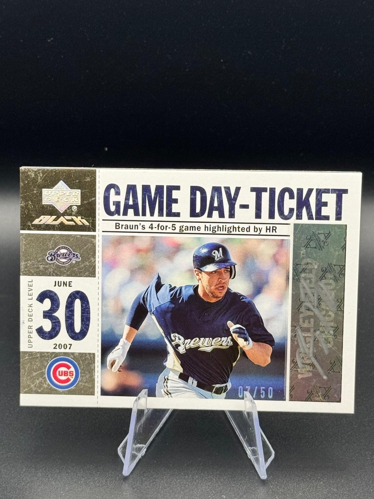 2007 UD Black Ryan Braun Game Day Ticket Autographs Silver Ink #/50 Brewers