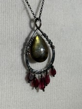 Labradorite Garnet Aged Oxidised American Silver Pendant Necklace