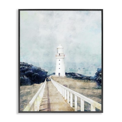 White Lighthouse Boardwalk Rocky Cliff Coastal Landscape Water Black Framed W...