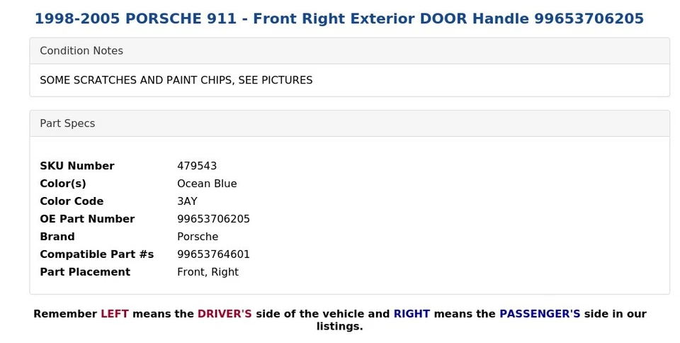 Porsche 911 1998-2005 - Manija puerta exterior delantera derecha 99653706205 Foto 4 de 4