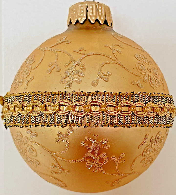 VTG Krebs West German Gold Glass Ball Ornament Floral Leaf Glitter & Lace Ribbon