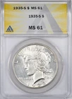 1935-S ANACS MS61 Peace Silver Dollar San Francisco Mint Uncirculated BU