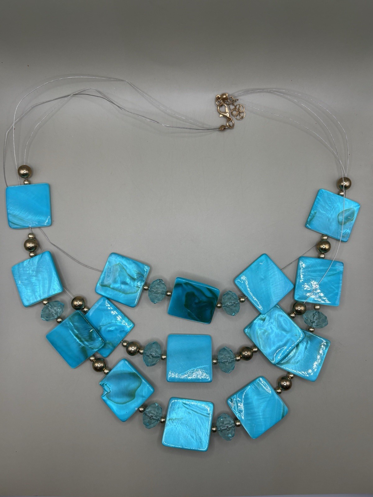 Blue Shell Statement Necklace – Square Beads on C… - image 1