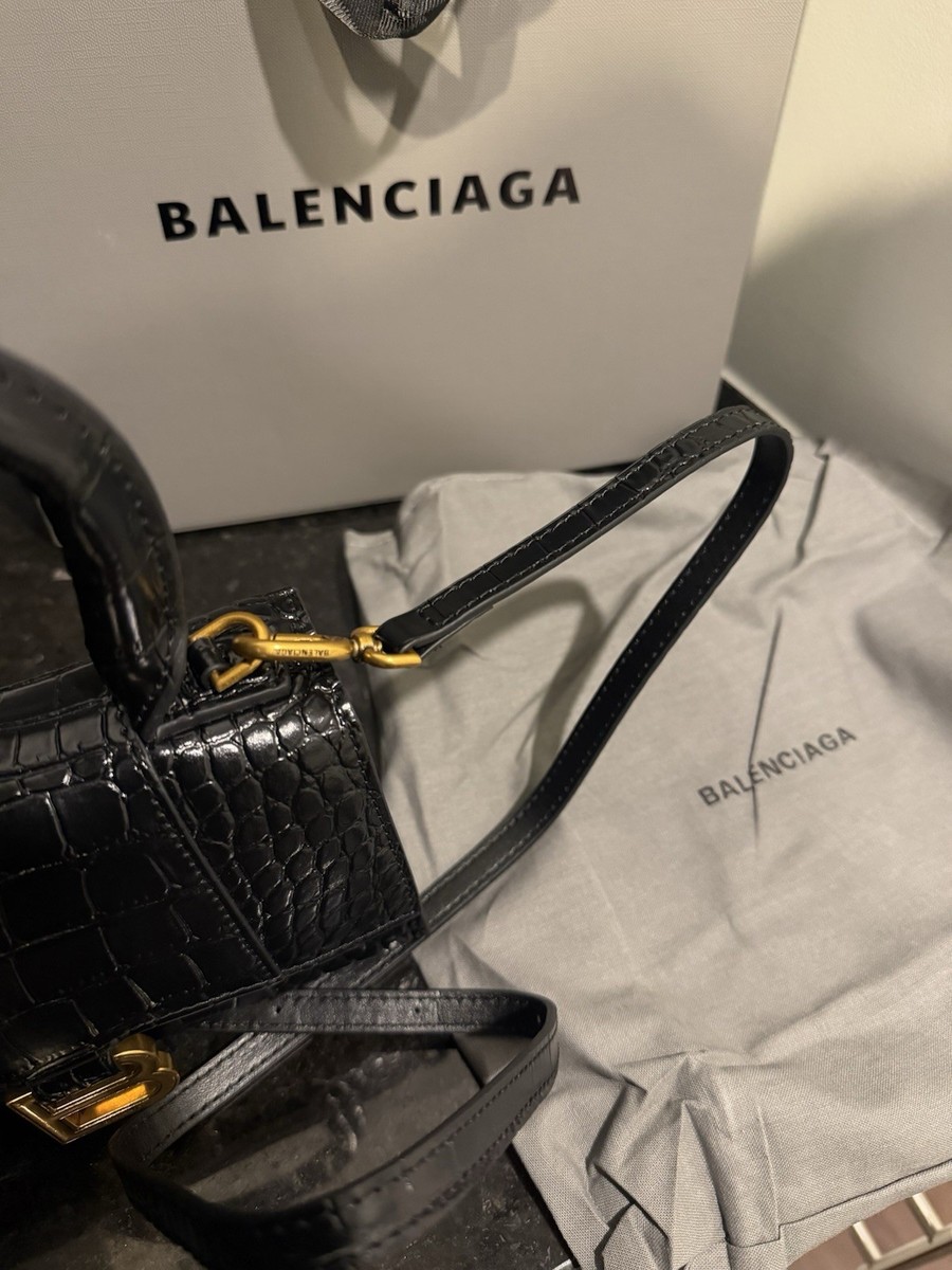 Balenciaga Black Croc Embossed Top Handle Bag w/ Gold B Logo