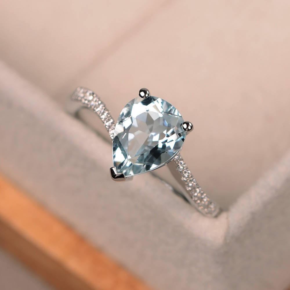 1.70 Ct Pear Cut Natural Aquamarine Diamond Wedding Ring 14K White Gold Size 5.5