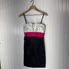 Y2K Taboo Polka Dot Bust Hot Pink Satin Sash Black Mini Dress M Cocktail Party