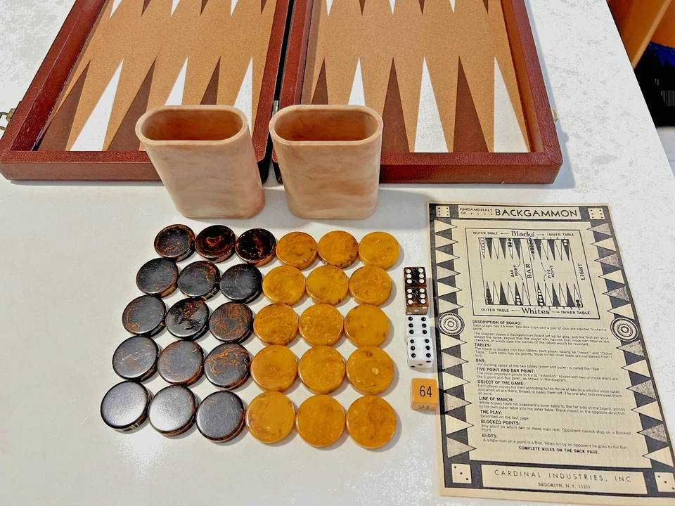Vintage Cardinal Backgammon Set Crisloid Chips Butterscotch Brown - Image 2 of 4