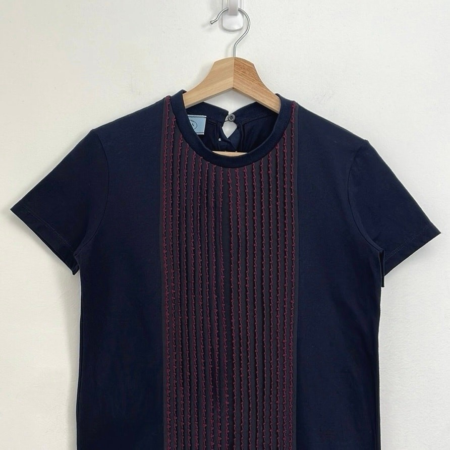 Prada Tuxedo Ruffle Tie Back Bow Cotton-Silk Luxury Designer Crewneck Tee Small thumbnail 10