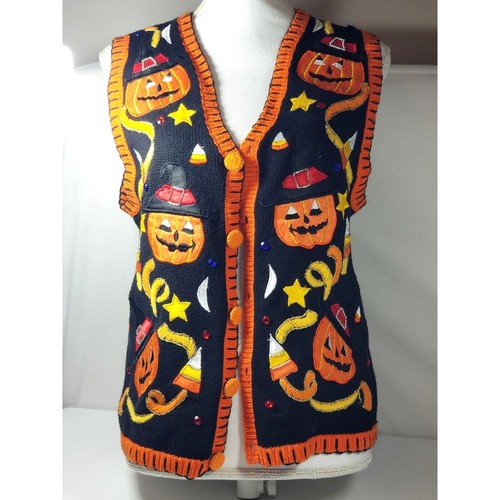 Basic Editions Halloween Cardigan V Neck Sweater Costume Pumpkins Size S Vintage - 第 1/11 張圖片