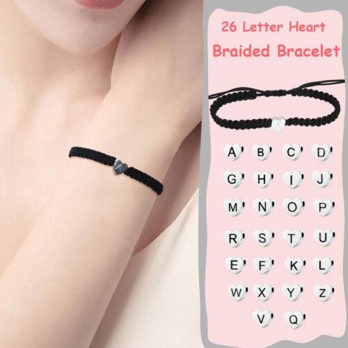 26 Initial Bracelet Copper Heart Letter Woven Bracelet Dainty Heart Charm Gift - Picture 1 of 88