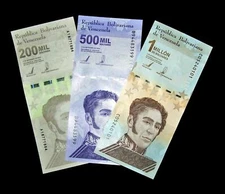 3 Venezuela banknotes- 1 x 200,000 /500,000 & 1 Million Bolivares-Uncirculated