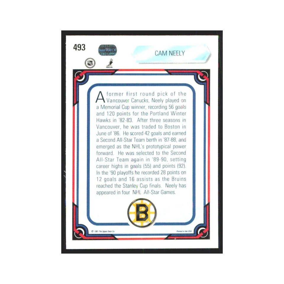 Cam Neely 1990 Upper Deck #493 Boston Bruins Hockey Card NM - Image 2 of 3