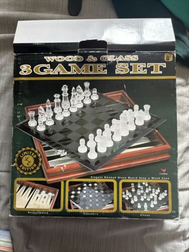 Glass and Wood 3 Game Set Chess Checkers Backgammon Complete Cardinal 2001 - Picture 1 of 11