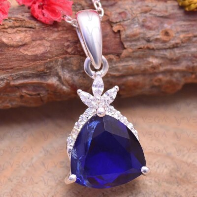 4.6ct Trillion Natural Sapphire & Diamond Pendant 18k White Gold Plated No Chain