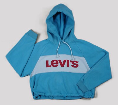 Levi's Hoodie Cropped Sweatshirt Large Damen Spellout Logo Blau Colourblock