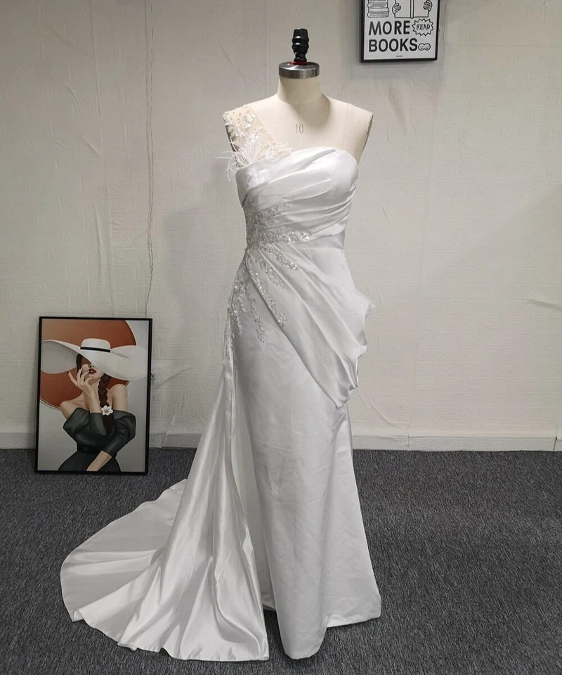 One Shoulder Mermaid Wedding Dresses Feather Sequined Backless Satin Bridal Gown - Image 2 of 4