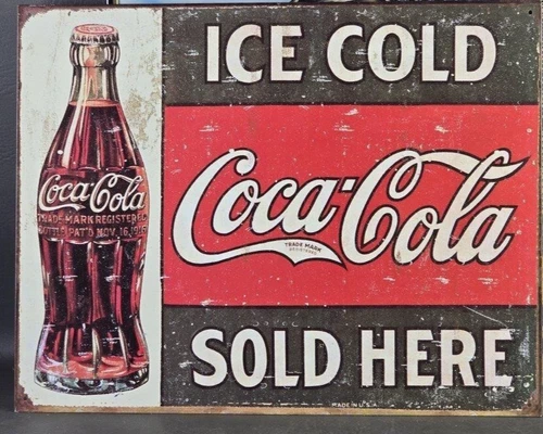 Vintage Coca-Cola Tin Metal Sign Ice Cold Sold Here Soda Pop Bottle 16" x 12.5"