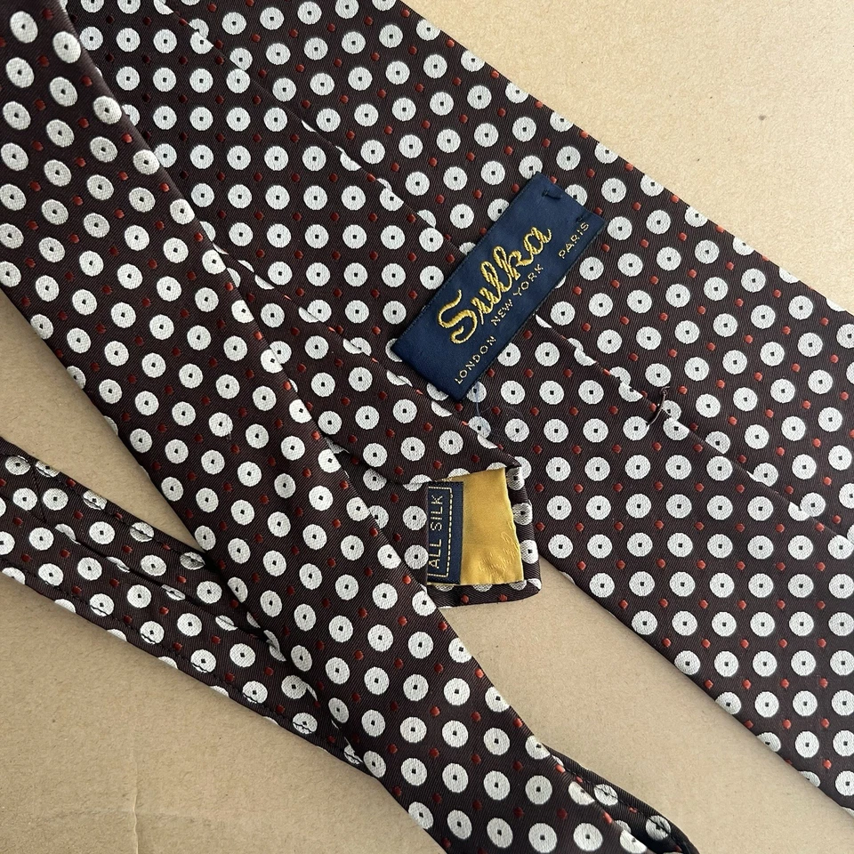 Sulka Men's Neck Tie 100% Silk Brown Silver/Red Dots Vintage, Made in France - Image 2 of 4