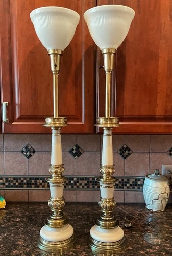 Pair Vintage Stiffel Torchiere Lamps ~Brass Milk Glass  ~ 37” tall~ Beautiful!