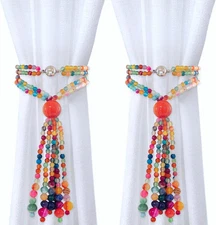 2-Pack Beaded Magnetic Curtain Tiebacks Colorful Boho Tassel No-Drill Holder