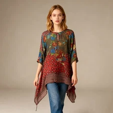 NWOT JOHNNY WAS Flower Rayon Amazing Tie Tunic Dress SHIRT Blouse Top M