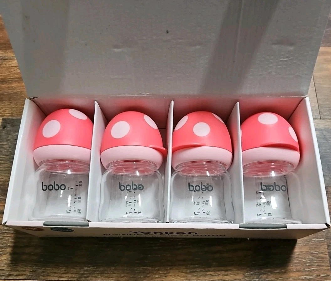 4 YOHKOH Natural Glass Baby Bottle with Natural Response Nipple, 0M+ 3.38 Oz RED