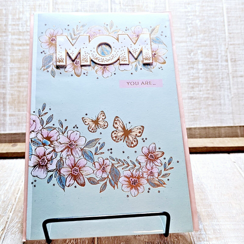 American Greetings Mother's Day Card 6x8 For Mom Blue Pink Floral Gold Butterfly