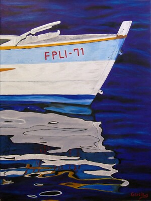 Blue & White Boat Reflection Oil Painting, Reflections VII (18'' x 24'')