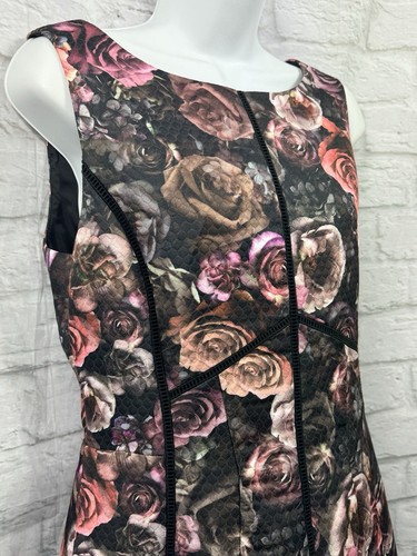 Oasis A-Linie Kleid Größe 12 schwarz pink & braun Blumen Rose ärmellos V-Rücken Reißverschluss - Bild 5 von 11