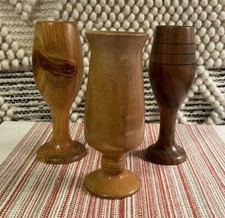 Vintage Carved Wooden Goblets Set of 3 Two Are Signed But Made By The Same