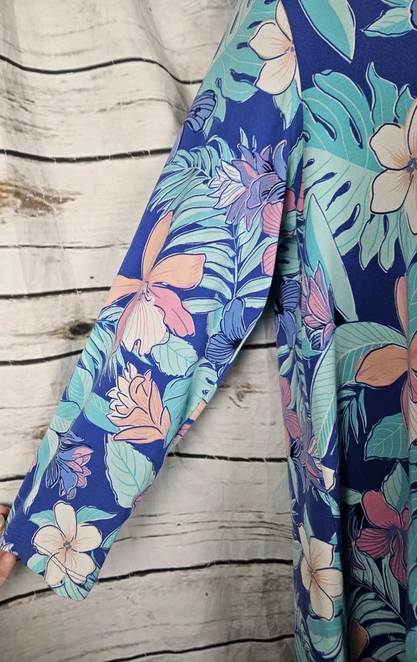 Tori Richard Blue Tropical Floral Dress L Hawaiian Modal Shift Jersey A-Line - Image 4 of 4