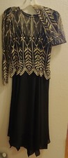 Vintage CACHET by Bari Protas Black Chiffon Long Sleeve w/2 layers Scarf Dress