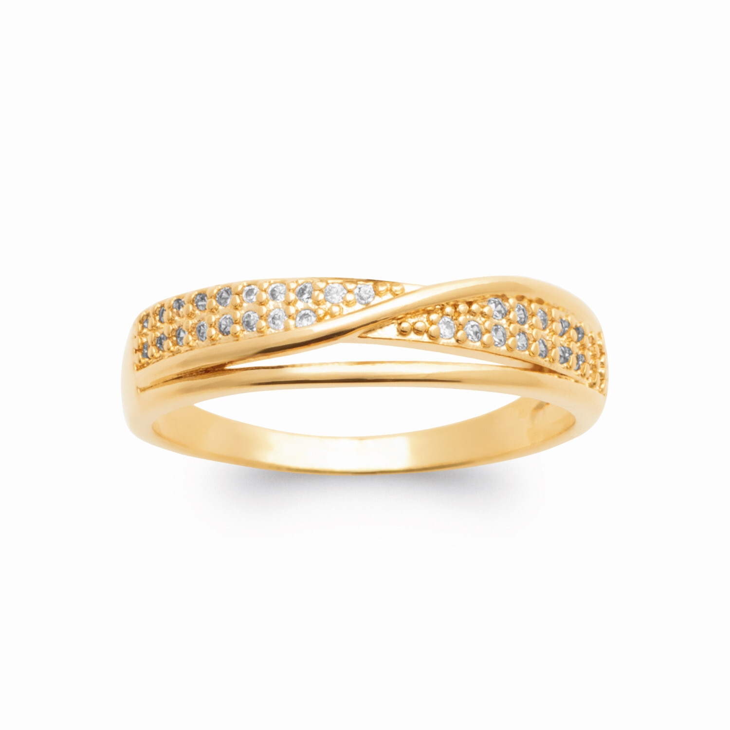 Bague anneau croisé zirconium plaqué or 18 carats aux finitions joaillerie de haute précision