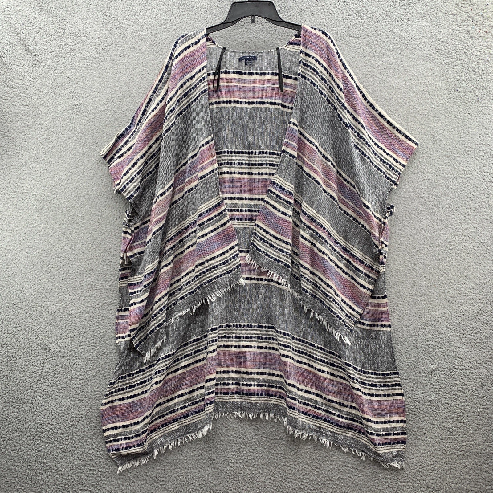American Eagle Women’s Poncho Kimono Striped Open Front High Low Fringe One Size