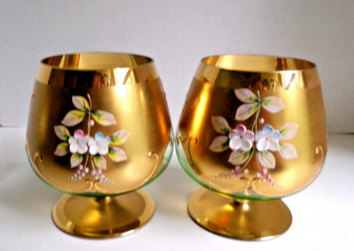 Bohemian Glass Hand Painted Enameled Flowers Gilt Gold Brandy Snifter, Set of 2