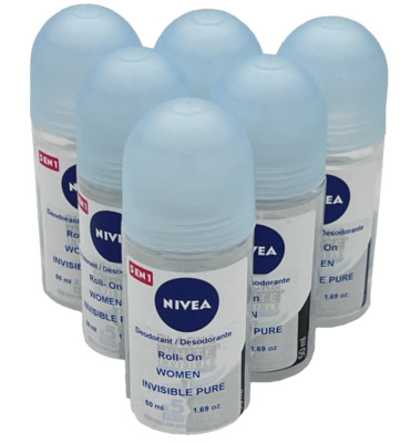 NIVEA DEODORANT ROLL-ON WOMEN INVISIBLE PURE. 1.69 OZ. (6 PACK)